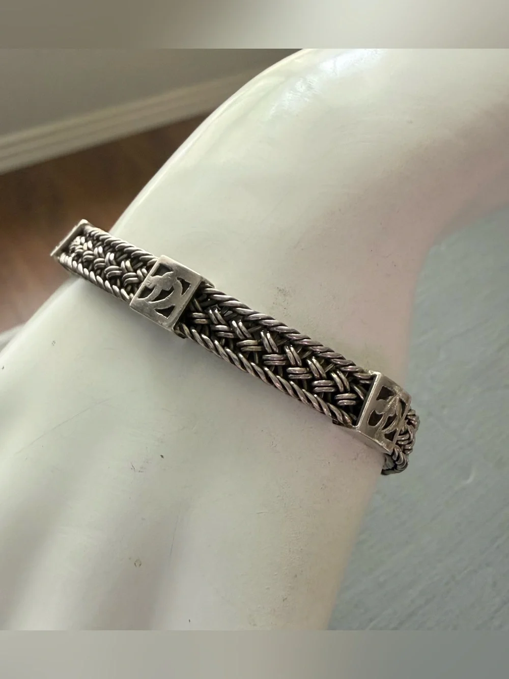 Lois Hill 925 Sterling-Style Woven Silver Toggle Bracelet